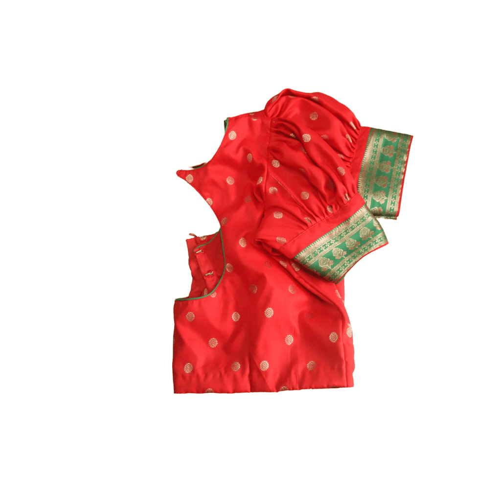 Red and green silk brocade puff sleeve blouse