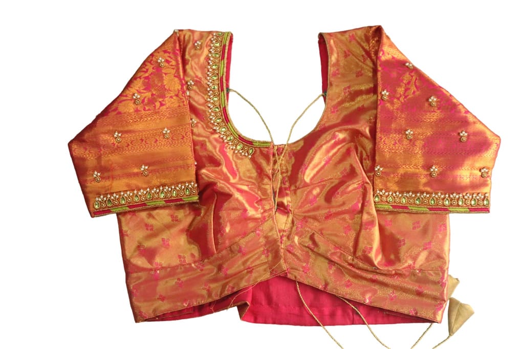 Pink Brocade Silk Saree Blouse With Zari And Pearl Embroidery