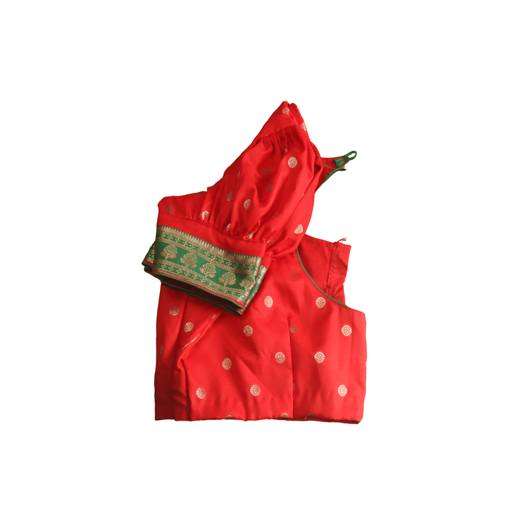 Red and green silk brocade puff sleeve blouse