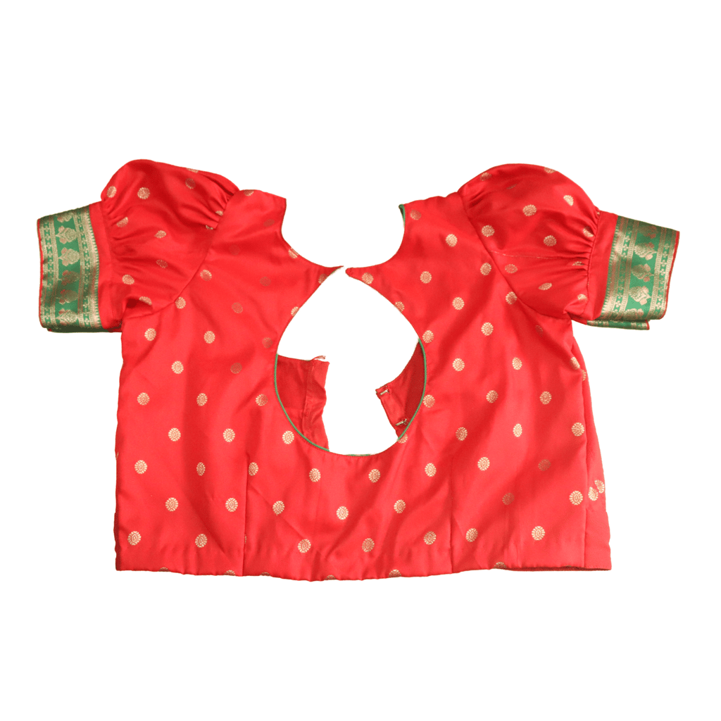 Red and green silk brocade puff sleeve blouse