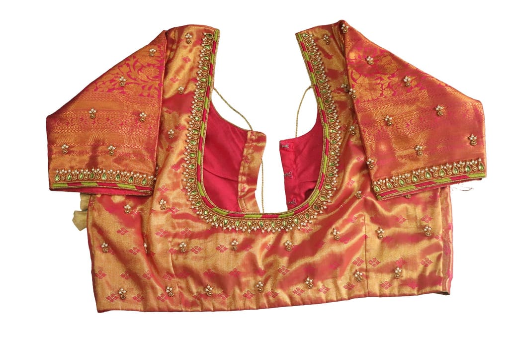 Pink Brocade Silk Saree Blouse With Zari And Pearl Embroidery