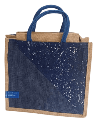Blue and Brown Jute Bag with Handles