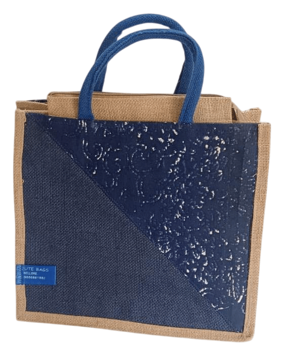 Blue and Brown Jute Bag with Handles