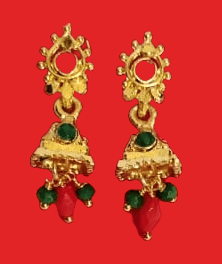 14KT Gold Plated Traditional Indian Jhumka Earrings with Red and Green Stones