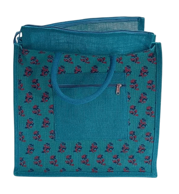 Blue Floral Jute Bag