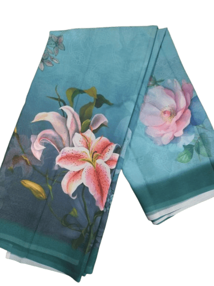 Blue Georgette Saree With Pink Floral Print