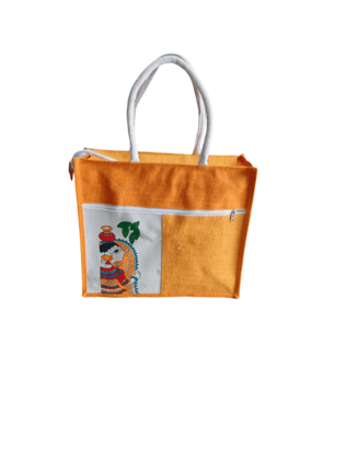 Hand-painted Jute Tote Bag with Zipper and Front Pocket Hand-painted Jute Tote Bag with Zipper and Front Pocket