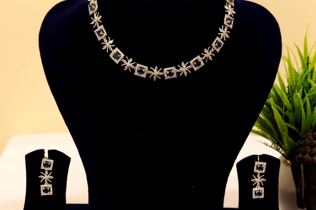 Stunning rhodium plated square-shaped American diamond necklace set with earrings for women