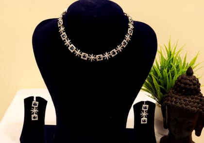 Stunning rhodium plated square-shaped American diamond necklace set with earrings for women