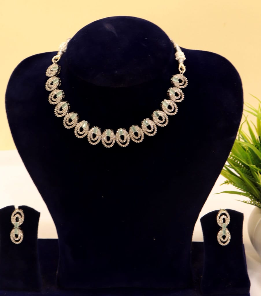 American Diamond Necklace Set with Earrings in Silver Finish