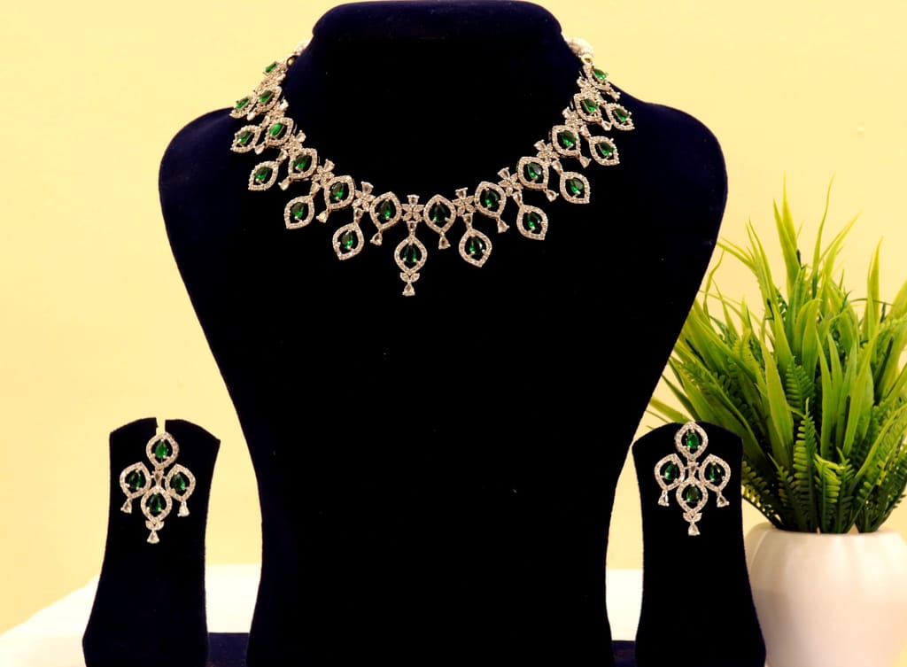 victoria Stunning rhodium plated AD stone necklace set with green stones