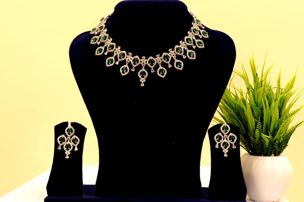 victoria Stunning rhodium plated AD stone necklace set with green stones