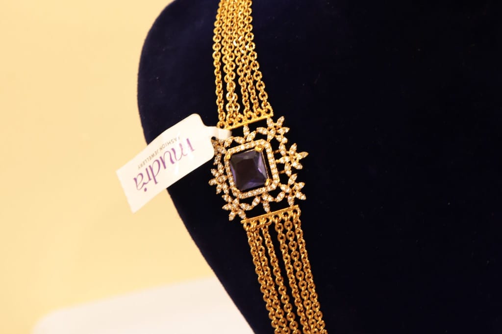 "Stunning Gold Plated Haram Necklace with Blue Stone Pendant"