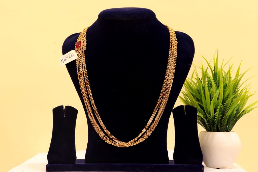 Bridal Gold Plated Long Necklace Set with Ruby Stones