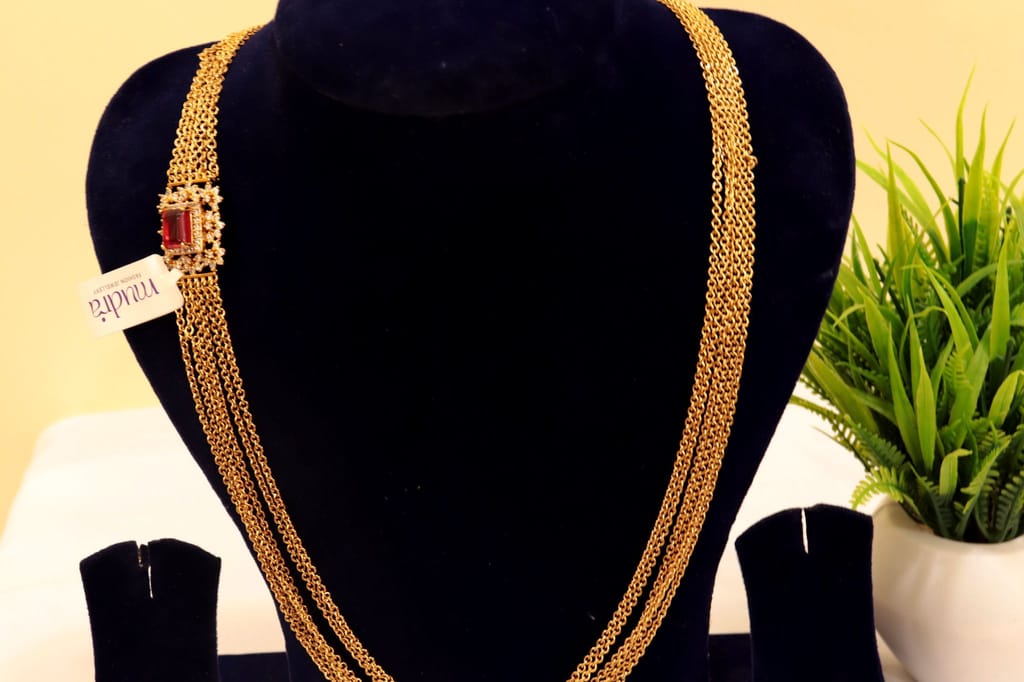 Bridal Gold Plated Long Necklace Set with Ruby Stones