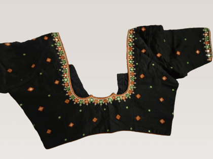 Black silk embroidered mirror work blouse