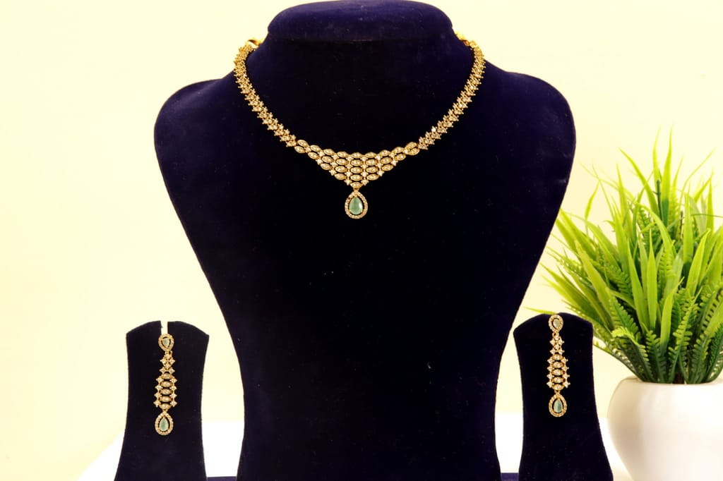 American Diamond Necklace Set with Earrings in Gold Polish
