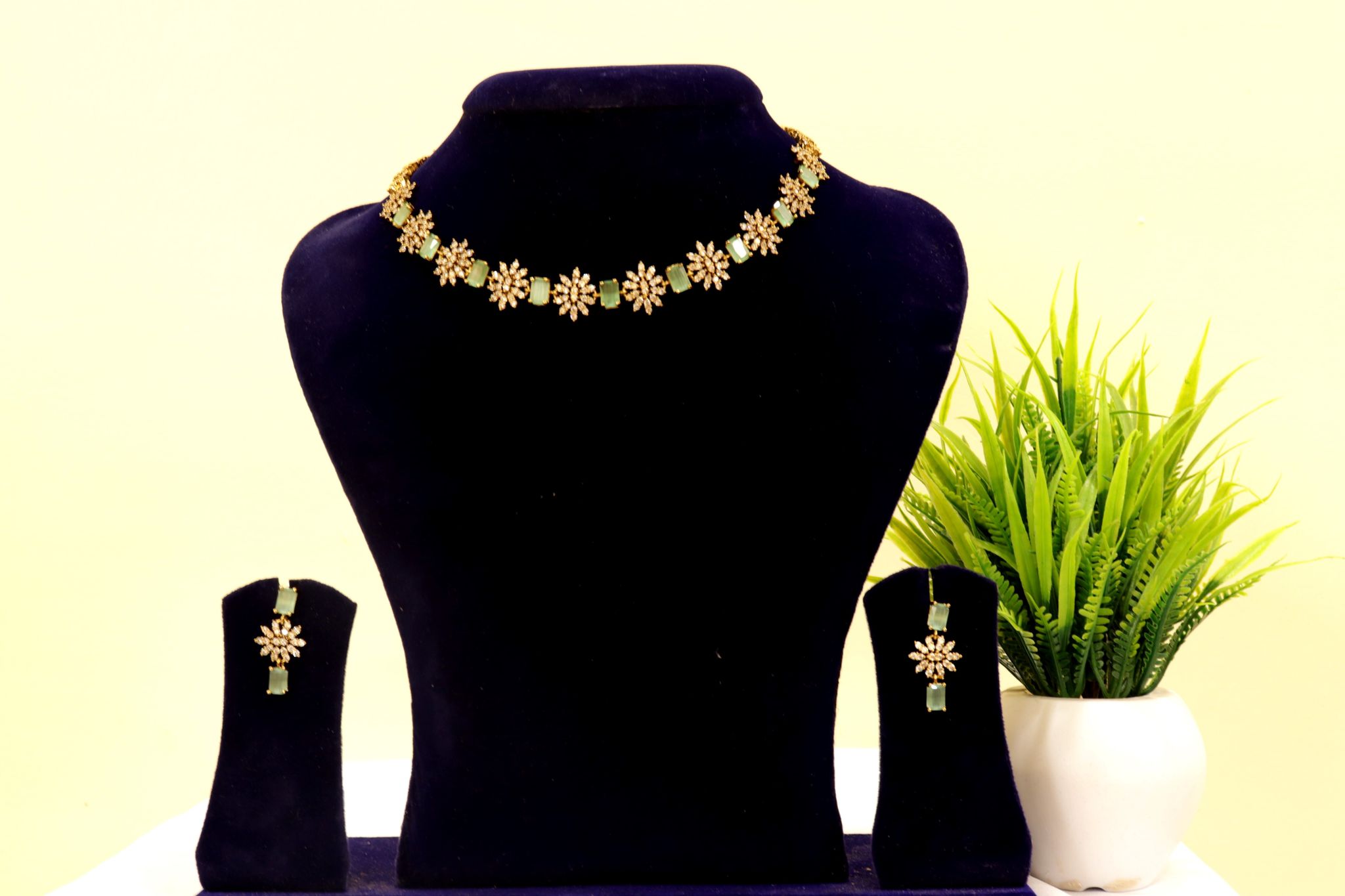 American Diamond and Green Stone Necklace Set in Gold