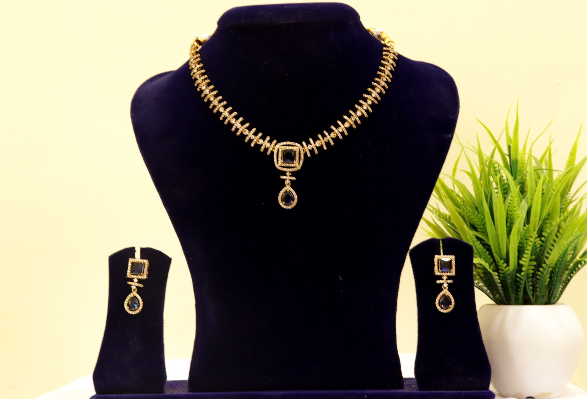 Gold-plated square-shaped AD stone necklace set with earrings for women