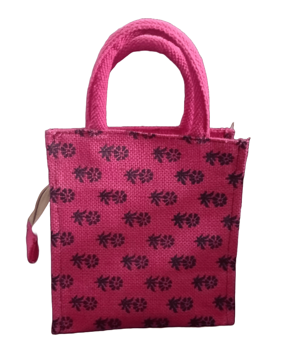 Small Pink Jute Tote Bag with Floral Print