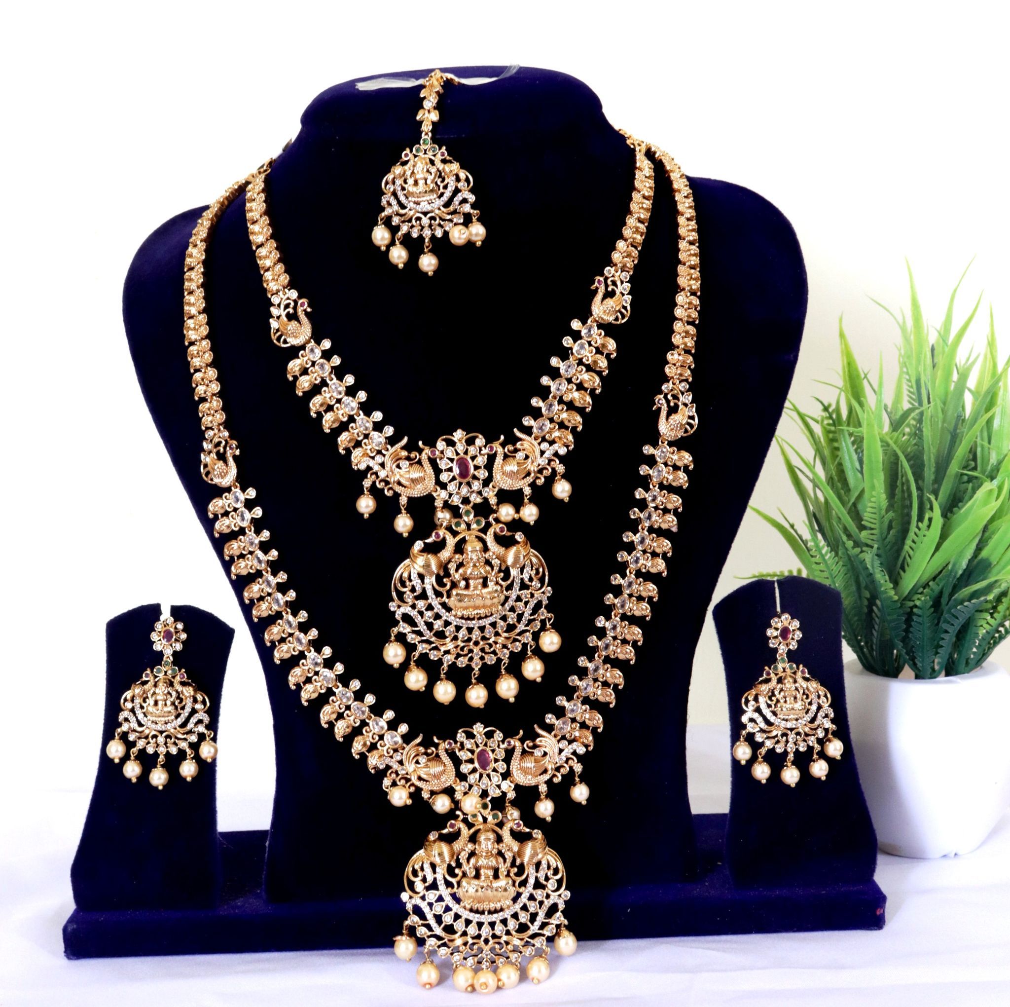 Gold-plated, pearl, and stone studded traditional necklace set