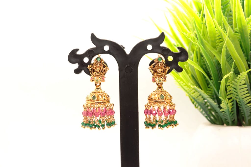 "Stunning Lakshmi Temple Jhumka Earrings with Ruby and Emerald Beads"