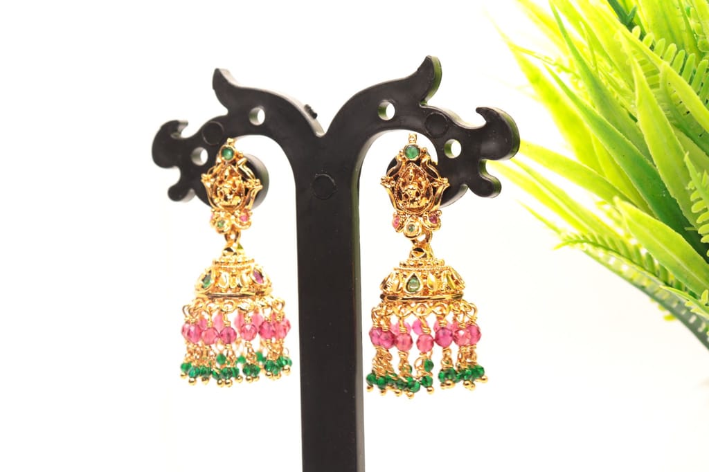 "Stunning Lakshmi Temple Jhumka Earrings with Ruby and Emerald Beads"