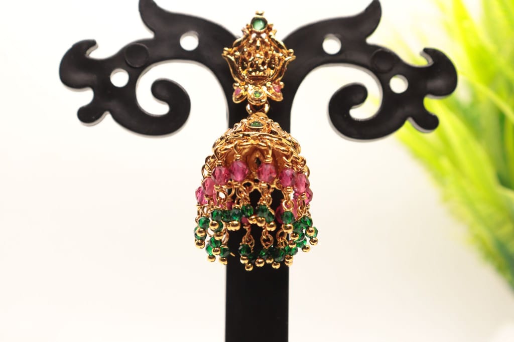"Stunning Lakshmi Temple Jhumka Earrings with Ruby and Emerald Beads"
