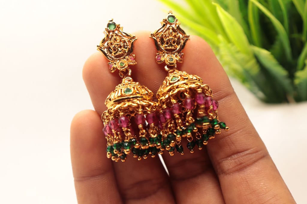 "Stunning Lakshmi Temple Jhumka Earrings with Ruby and Emerald Beads"