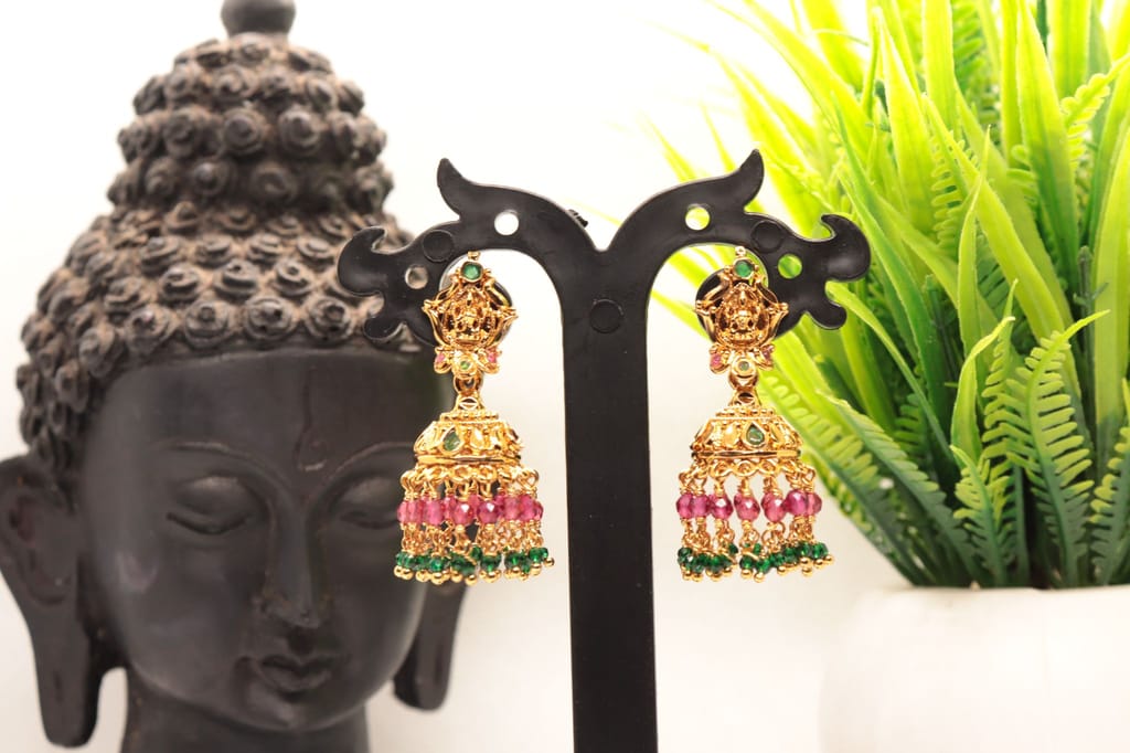 "Stunning Lakshmi Temple Jhumka Earrings with Ruby and Emerald Beads"