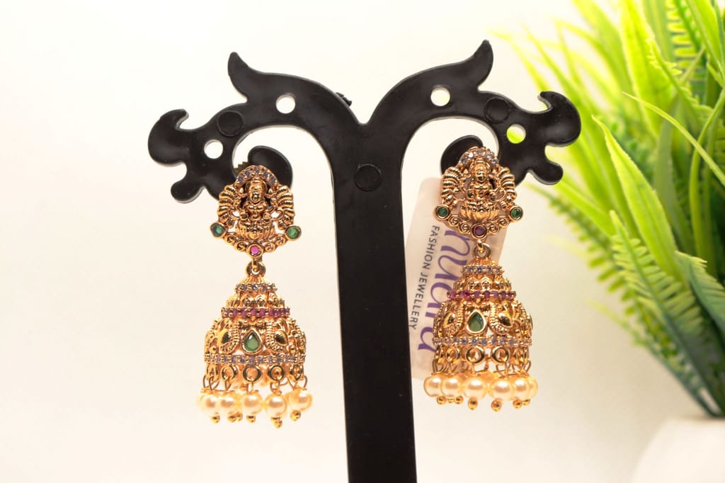 Gold Plated Traditional Indian Jhumka Earrings with Ruby and Pearl Drop - Earrings | Buy online on ZillyBuy