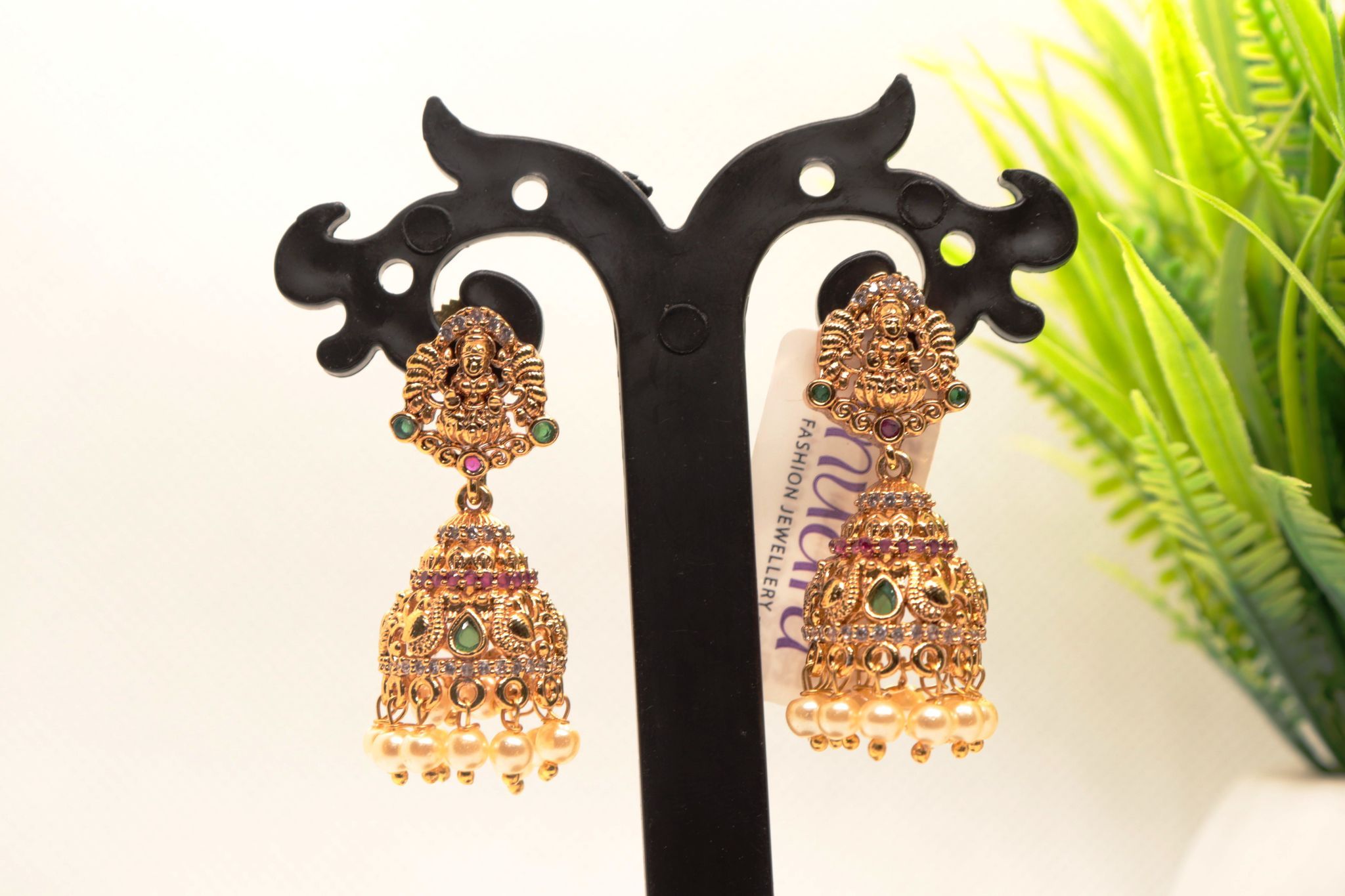 Gold Plated Traditional Indian Jhumka Earrings with Ruby and Pearl Drop