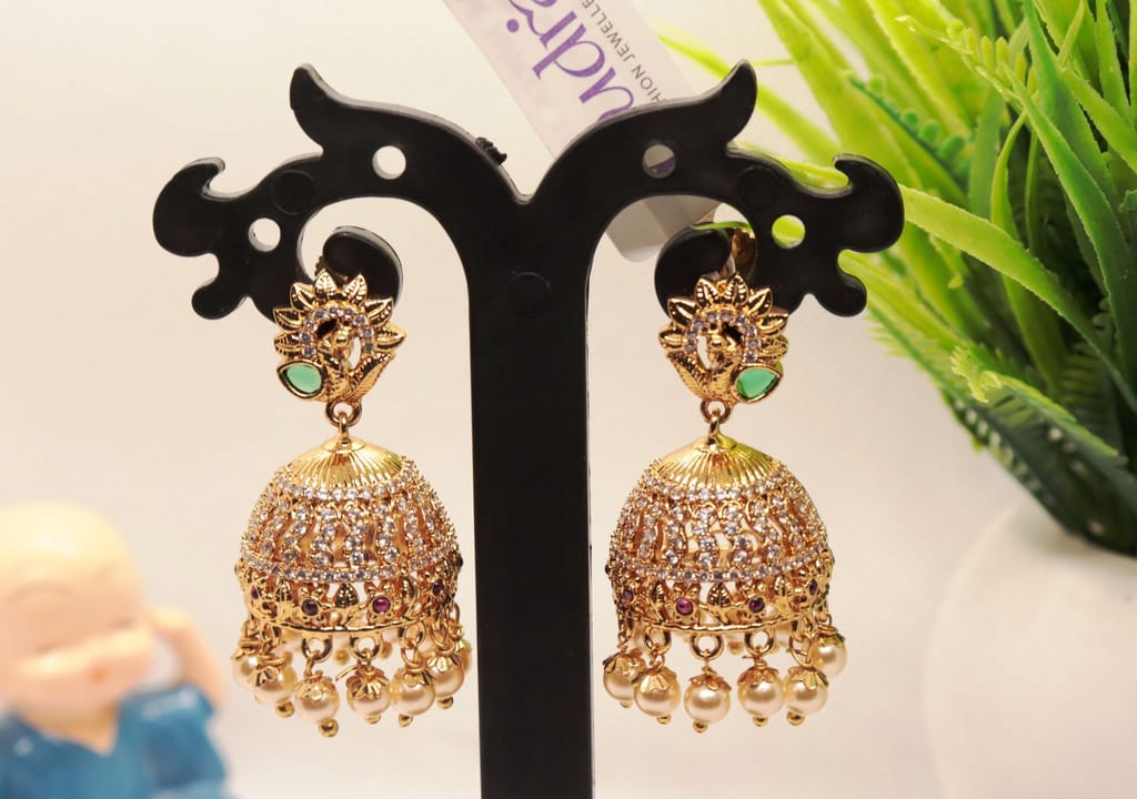 Stunning Pearl and Cubic Zirconia Jhumka Earrings in Gold Plated Alloy