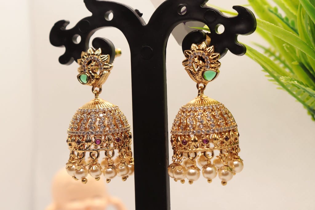Stunning Pearl and Cubic Zirconia Jhumka Earrings in Gold Plated Alloy