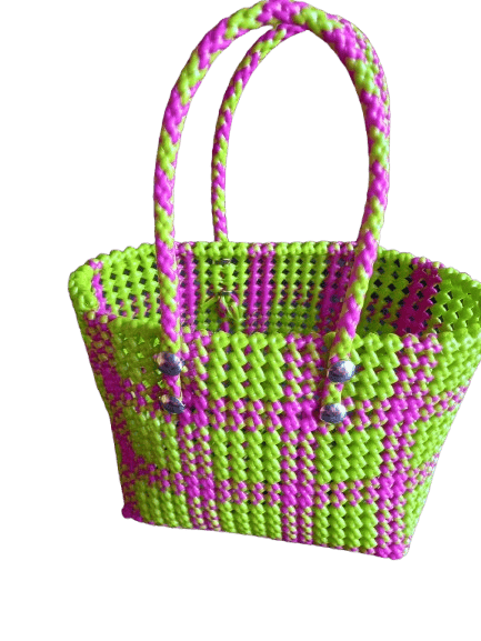 Medium Size Handwoven Plastic Basket with Neon Pink and Green Accents - Handbags | Buy online on ZillyBuy