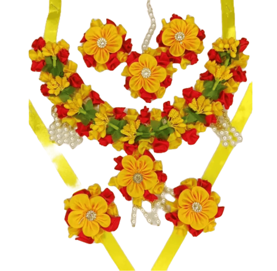 Yellow and Red Artificial Flower Jewelry Set with Necklace, Earrings, and Bangles