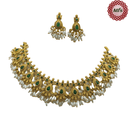 Gold-plated traditional Indian choker necklace set with green stones and pearls