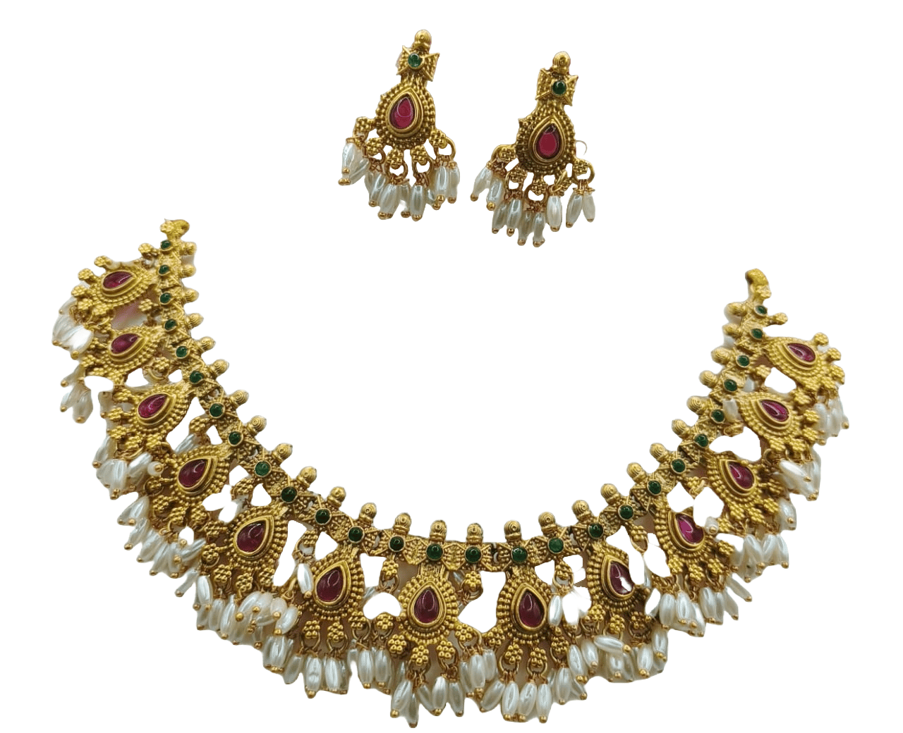 Gold-plated copper necklace and earring set with rubies and pearls