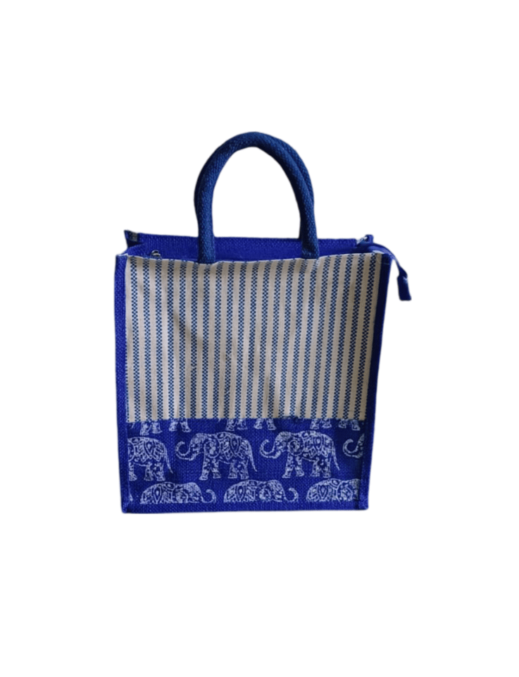 Blue and White Striped Jute Tote Bag with Elephant Print