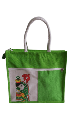 Handmade Jute Tote Bag with Zipper and Colorful Applique
