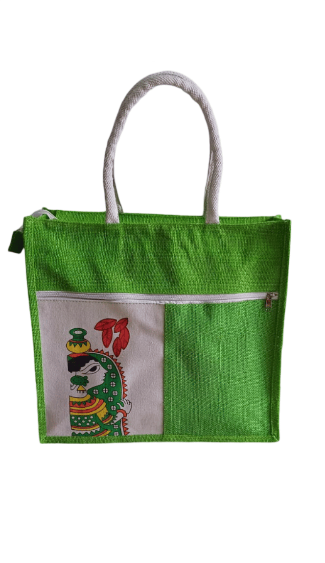 Handmade Jute Tote Bag with Zipper and Colorful Applique