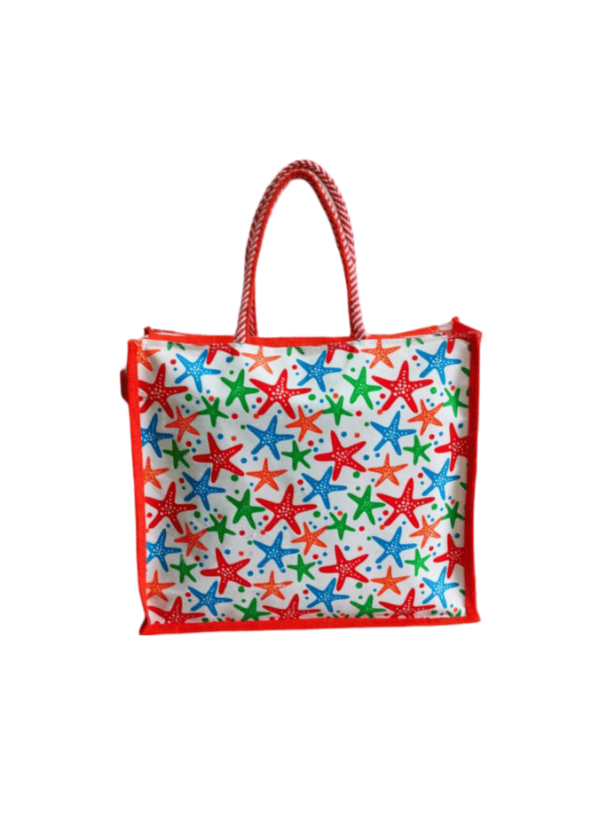 Colorful starfish printed jute tote bag with red handles