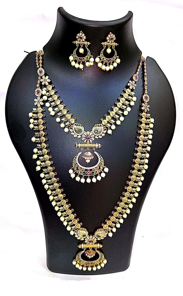 Stunning Antique Gold Plated Coin Necklace Set with Pearls and Green Stones