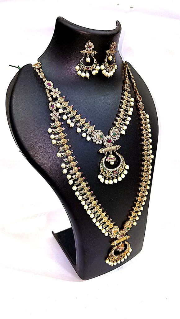 Stunning Antique Gold Plated Coin Necklace Set with Pearls and Green Stones