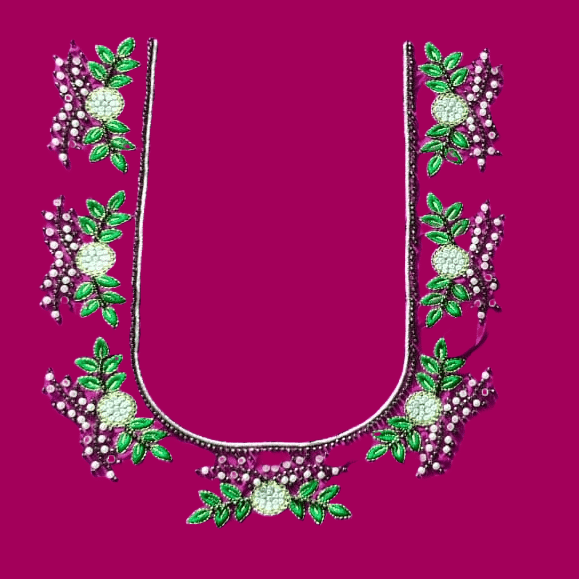 White and green floral embroidered blouse neck design