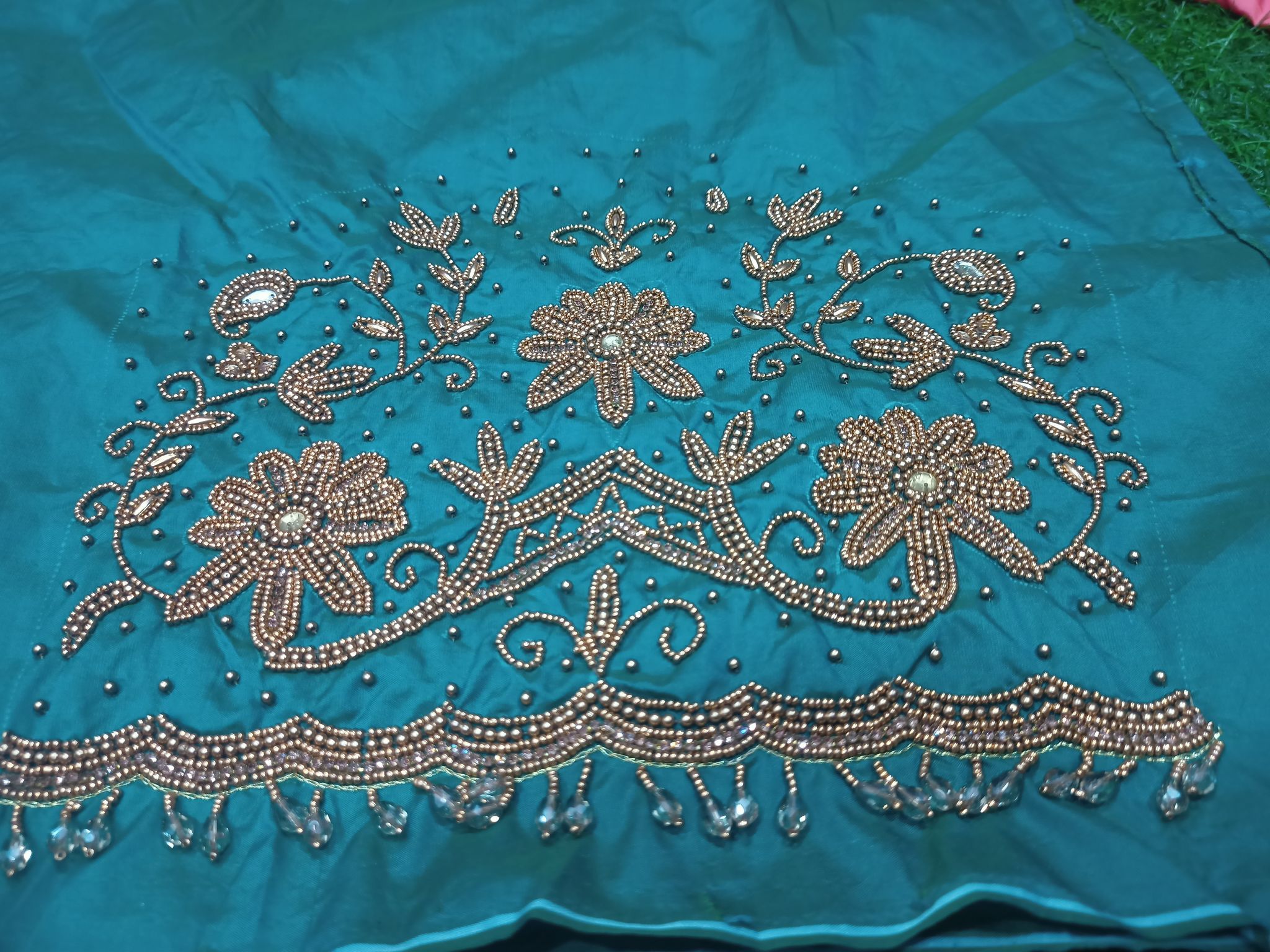 Green Hand Embroidered Blouse With Pearl And Zari Work