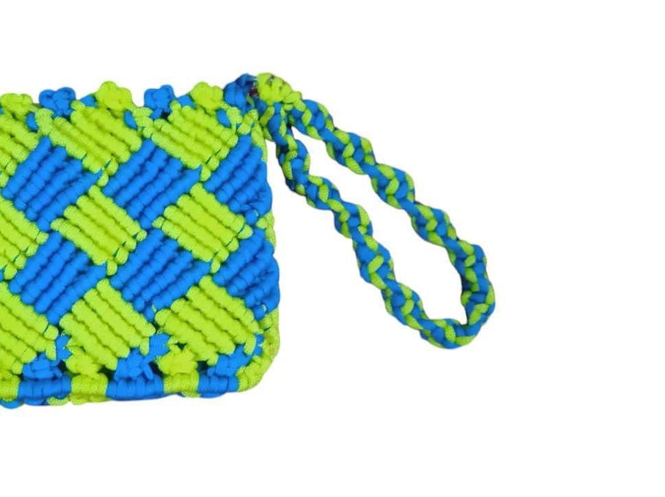Handmade Macrame Clutch Purse with Green and Blue Diamond Pattern