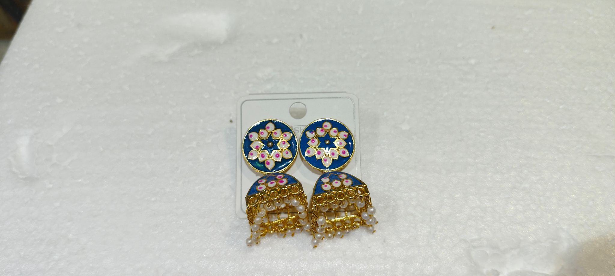 Blue Enameled Kundan and Pearl Jhumka Earrings