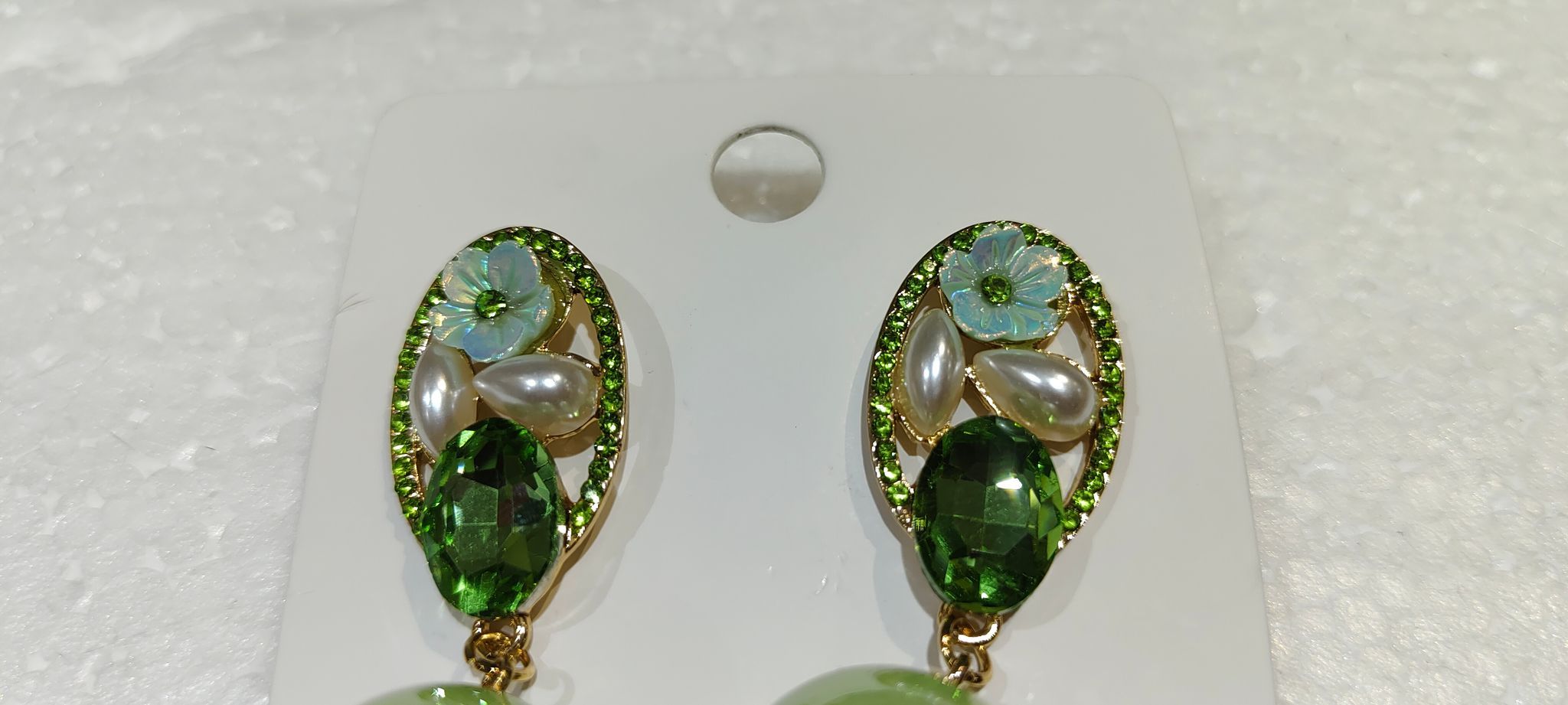 Elegant Green Rhinestone and Pearl Flower Earrings