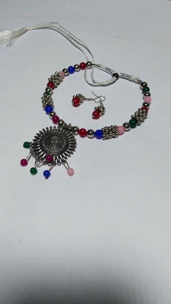 Oxidized Silver Afghani Necklace Set With Beads